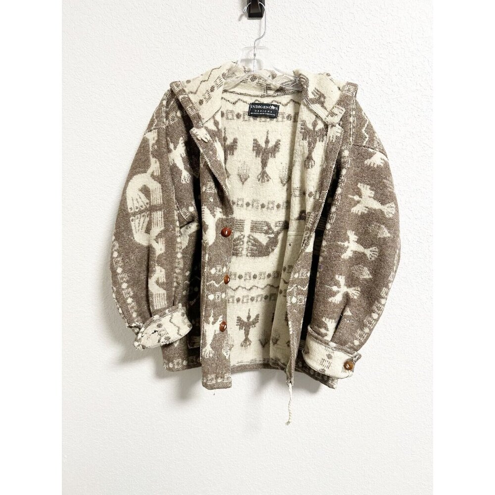 Indigenous‎ Designs Ecuador Wool Blanket Jacket Hooded Thunderbird Brown Size L